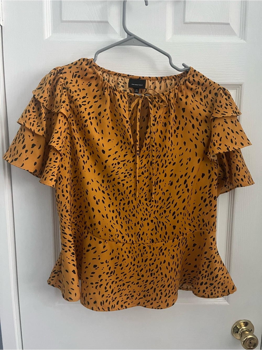 Who What Wear Mustard and Black Leopard Ruffle Peplum Blouse